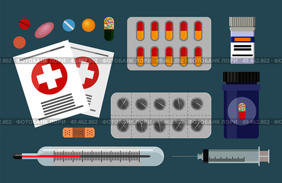 Medicaments set pill blisters and syringe. First aid for patients and kit with medicine. Thermometer for temperature measurements vector illustration. Medicaments Blisters Syringe Vector Illustration. Стоковая иллюстрация, агентство Ingram Publishing / Фотобанк Лори