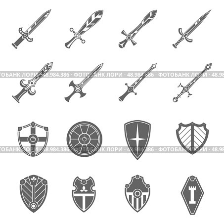 Medieval crusader heraldic battle shields and historic  templar knights long steel swords black abstract isolated vector illustration. Shield swords emblems icons set. Стоковая иллюстрация, агентство Ingram Publishing / Фотобанк Лори