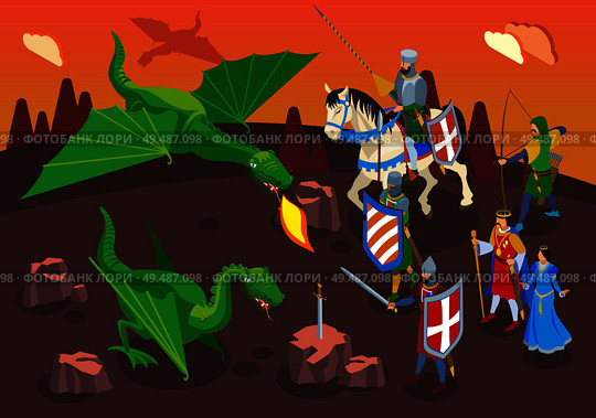 Medieval isometric composition with human characters of warriors and knights with green dragons and fantasy landscape vector illustration. Стоковая иллюстрация, агентство Ingram Publishing / Фотобанк Лори