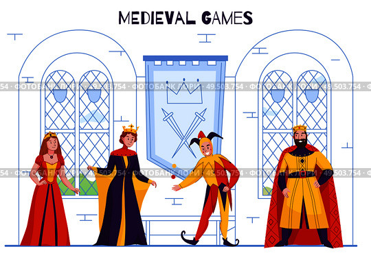 Medieval kingdom court jester in fools hat entertaining monarch juggling joking flat colorful royal characters vector illustration . Стоковая иллюстрация, агентство Ingram Publishing / Фотобанк Лори