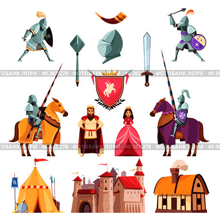 Medieval royal heraldry cartoon icons set with castle riders in armor tournament king knight princess isolated vector illustration . Medieval Royal Heraldry Cartoon Set. Стоковая иллюстрация, агентство Ingram Publishing / Фотобанк Лори