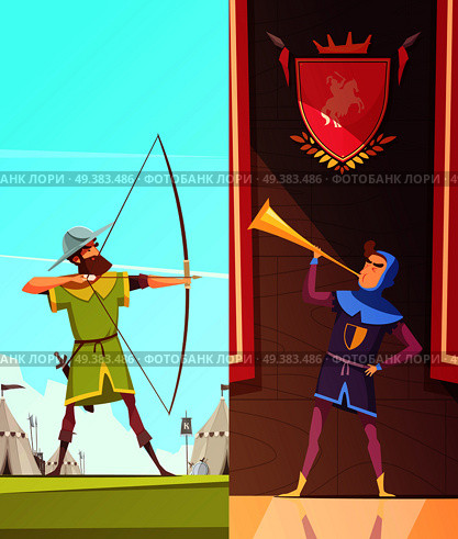 Medieval vertical cartoon banners set with horn blower under coats of arms and archer isolated vector illustration . Medieval Vertical Cartoon Banners Set. Стоковая иллюстрация, агентство Ingram Publishing / Фотобанк Лори