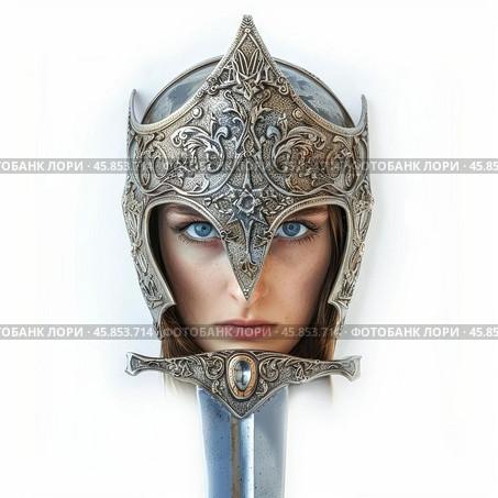 Medieval woman warrior wearing helmet and holding sword. Стоковое AI-изображение, AI-художник Иван Рябоконь / Фотобанк Лори