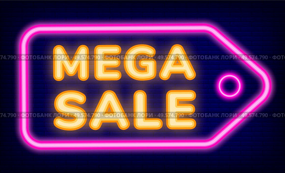Mega sale of shop vector, neon sign. Lowering of price in store. Shopping icon in retro style, isolated tag with text in brick background. Banner for clearances and promotions at market illustration. Mega Sale Neon Sign on Pricetag Shopping Icon. Стоковая иллюстрация, агентство Ingram Publishing / Фотобанк Лори