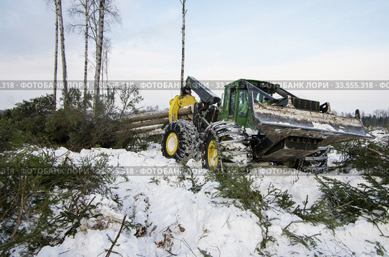 Механизированная вырубка леса. Трелевочный трактор John Deere 748H в работе. Mechanized felling clearing. John Deere 748H skidder at work. Стоковое фото, фотограф Евгений Романов / Фотобанк Лори