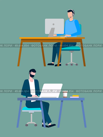 Men at work vector, isolated people at workplace successful team dealing with tasks and business project flat style. Computers and laptops at desk. Freelancers Man Sitting with Laptops in Office. Стоковая иллюстрация, агентство Ingram Publishing / Фотобанк Лори
