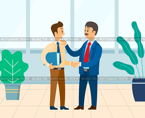 Men colleagues shaking hands, business collaboration. Employee standing indoor near houseplants, workers partnership and cooperation, agreement vector. Employee Shaking Hand, Worker Partnership Vector. Стоковая иллюстрация, агентство Ingram Publishing / Фотобанк Лори