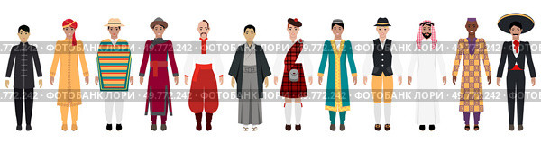 Men from various cultures in traditional attire showcasing cultural diversity. For global unity, tradition, cultural heritage, multiculturalism, cultural representation, diversity, inclusion.. Men from various cultures wearing traditional clothing, representing global diversity and cultural heritage. Стоковая иллюстрация, агентство Ingram Publishing / Фотобанк Лори
