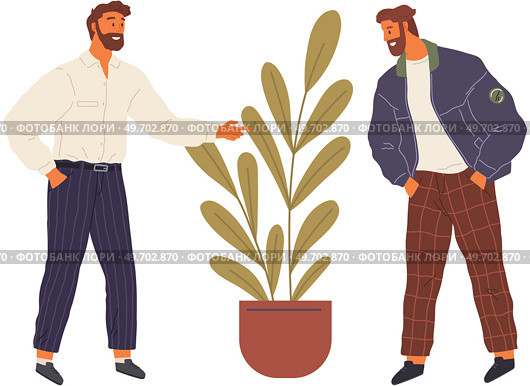 Men talking together facing each other. Male friends standing and communicating. Two young male characters meeting and speaking standing isolated on white background in garden. Persons chatting. Men talking together facing each other. Male friends standing and communicating. Persons chatting. Стоковая иллюстрация, агентство Ingram Publishing / Фотобанк Лори