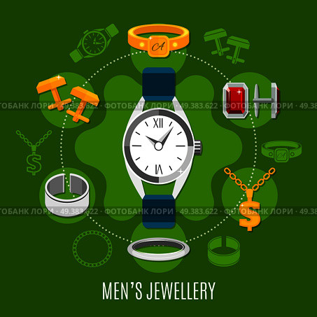 Mens jewelry round composition with hand watches, gold and silver studs, rings on green background vector illustration. Mens Jewelry Round Composition. Стоковая иллюстрация, агентство Ingram Publishing / Фотобанк Лори