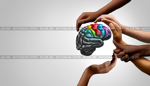 Mental health support and autistic brain and autism disorder symptoms or Asperger syndrome as a neurology icon and psychology or psychiatry diagnosis concept in a 3D illustration style. Стоковое фото, агентство Ingram Publishing / Фотобанк Лори