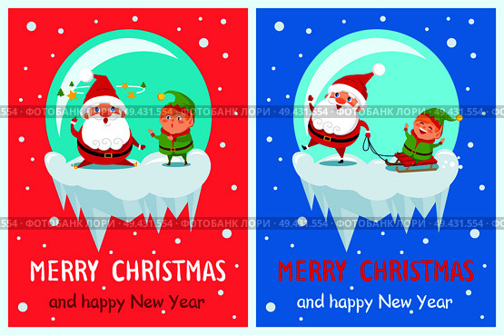 Merry Christmas and Happy New Year banners with Santa and Elf adventures tired Saint Nicholas and happy helper riding on sleigh on north pole vector. Merry Christmas Happy New Year Santa Elf Banners. Стоковая иллюстрация, агентство Ingram Publishing / Фотобанк Лори