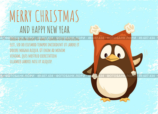Merry Christmas and Happy New Year greeting card cheerful penguin in funny hat with furry balls and waving hand. Animal in big red cap with pompons, vector. Penguin in Hat with Furry Balls Vector Postcard. Стоковая иллюстрация, агентство Ingram Publishing / Фотобанк Лори