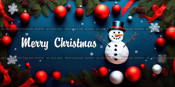 Merry Christmas banner with a snowman, fir branches, and red baubles on a blue background. AI generated image. Стоковое AI-изображение, AI-художник Галина Царькова / Фотобанк Лори