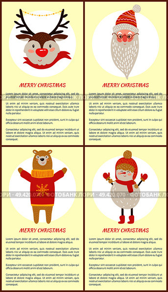 Merry Christmas banners with Santa Claus and animals dressed in knitted scarfs and hats. Vector illustration with festive symbols and congratulations. Merry Christmas Banners Vector Illustration. Стоковая иллюстрация, агентство Ingram Publishing / Фотобанк Лори