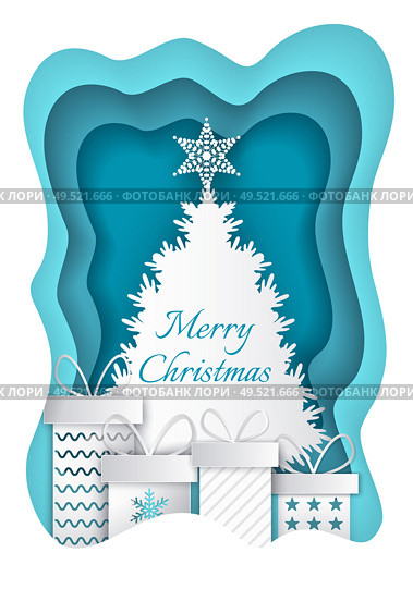 Merry Christmas blue and white paper cut. Fir-tree with big star and four different presents with bows. Handmade gift on holiday vector illustration. Merry Christmas Paper Fir-tree and Presents Vector. Стоковая иллюстрация, агентство Ingram Publishing / Фотобанк Лори