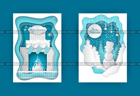 Merry Christmas cut out cards snowman in forest and fireplace with burning fire, decorated by Santa socks and fir tree branches. Vector brochures design. Christmas Fireplace with Burning Fire, Snowman. Стоковая иллюстрация, агентство Ingram Publishing / Фотобанк Лори