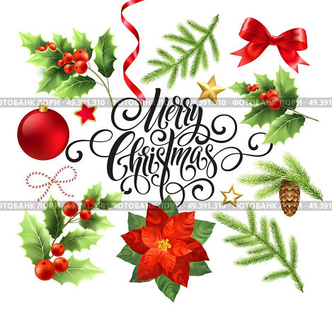 Merry Christmas design elements set. Xmas decorations and objects. Poinsettia, fir-tree branch, mistletoe, pinecone design elements. Christmas ball, ribbon, bow. Isolated vector detailed illustration. Merry Christmas design elements set. Стоковая иллюстрация, агентство Ingram Publishing / Фотобанк Лори