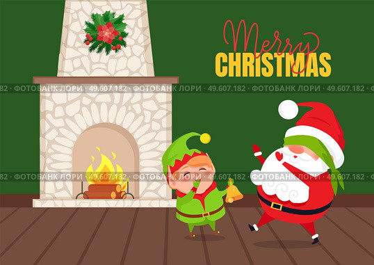 Merry Christmas greeting card vector, Eve playing game with Santa. Claus with blindfolded searching Pixie near burning fireplace adorned chaplet on top. Eve Playing Game with Santa near Fireplace Vector. Стоковая иллюстрация, агентство Ingram Publishing / Фотобанк Лори