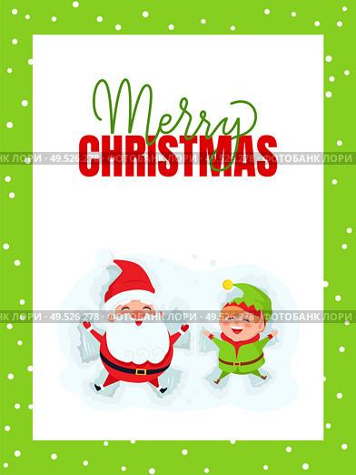 Merry Christmas greeting card with Santa Claus and Elf lying on snow. New Year cartoon characters Father frost and dwarf little helper on snowy ground, vector. Merry Christmas Greeting Card with Santa Claus Elf. Стоковая иллюстрация, агентство Ingram Publishing / Фотобанк Лори