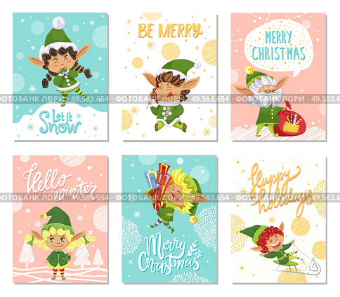Merry christmas, set of greeting cards with calligraphic inscriptions and elves. Cute dwarf with presents and gifts for holidays. Collection of postcards with landscapes and bokeh vector in flat. Merry Christmas Let it Snow Greeting Cards Set. Стоковая иллюстрация, агентство Ingram Publishing / Фотобанк Лори