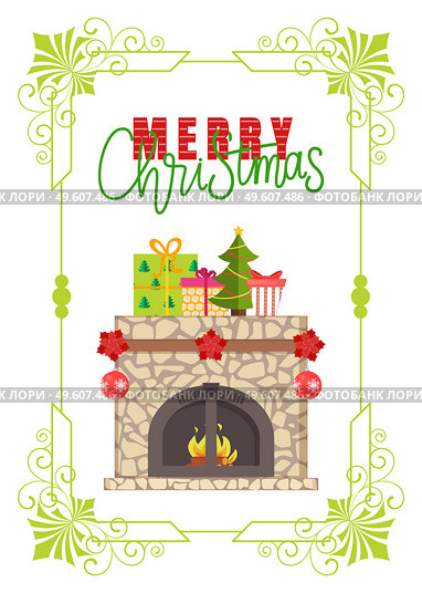 Merry Christmas, stacked stone fireplace with traditional decoration, vector in ornamental green frame. Natural, rustic mantelpiece with burning logs in fire. Modern Stacked Stone Fireplace, Traditional Decor. Стоковая иллюстрация, агентство Ingram Publishing / Фотобанк Лори