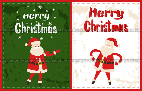 Merry Christmas wishes lettering, winter with Santa Claus in red costume dancing and sending greetings. New Year cartoon character white and green, vector flat style. Merry Christmas Wish, Lettering Winter Santa Claus. Стоковая иллюстрация, агентство Ingram Publishing / Фотобанк Лори