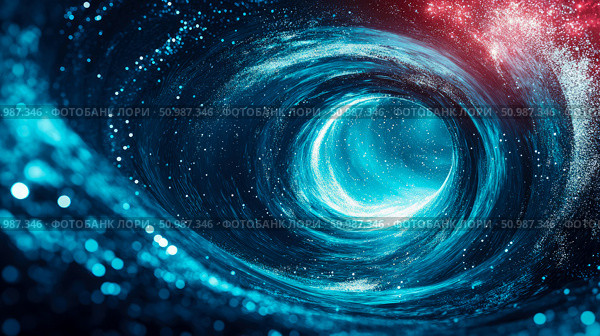 Mesmerizing Abstract Cosmic Wormhole Tunnel Swirling with Luminous Blue and Turquoise Energy and Sparkling Stardust, Leading Through Vibrant Celestial Dimension with Hint of Red Nebula. Стоковое AI-изображение, AI-художник Данила Большаков / Фотобанк Лори