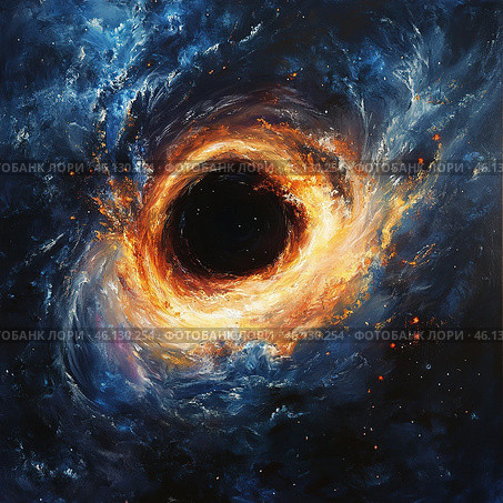 Mesmerizing depiction of a black hole in the cosmos, surrounded by vibrant colors and swirling patterns, illustrating the immense gravitational pull and energy of this astronomical phenomenon. Стоковое AI-изображение, AI-художник Ольга Ильина / Фотобанк Лори