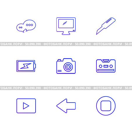 message , monitor , cutter , battery , click , casette , play ,youtube , left ,arrow , stop , icon, vector, design,  flat,  collection, style, creative,  icons. Стоковая иллюстрация, агентство Ingram Publishing / Фотобанк Лори