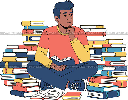 Метафора неспособности принимать решения. На полу лежит много книг, а человек не может выбрать книгу, что свидетельствует о замешательстве, сомнениях и трудностях с принятием решения. Стоковое AI-изображение, AI-художник Ирина Першина / Фотобанк Лори