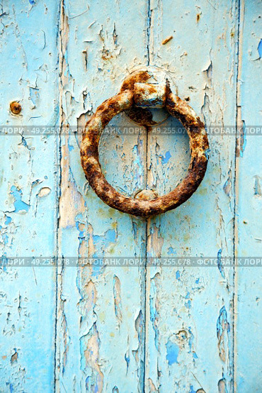 metal nail dirty     stripped paint in the brown   red wood door and rusty  knocker. Стоковое фото, агентство Ingram Publishing / Фотобанк Лори