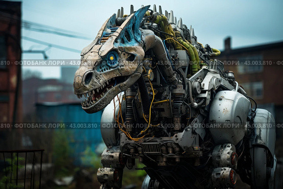 Metallic Robotic dinosaur urban street square. Generate Ai. Стоковое AI-изображение, AI-художник Иван Рябоконь / Фотобанк Лори