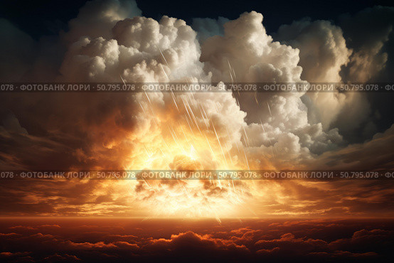 Meteor shower entering atmosphere creating dramatic sky above clouds. Стоковое AI-изображение, AI-художник Иван Рябоконь / Фотобанк Лори