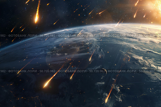 Meteor shower entering earth's atmosphere, dramatic space scene. Стоковое AI-изображение, AI-художник Иван Рябоконь / Фотобанк Лори