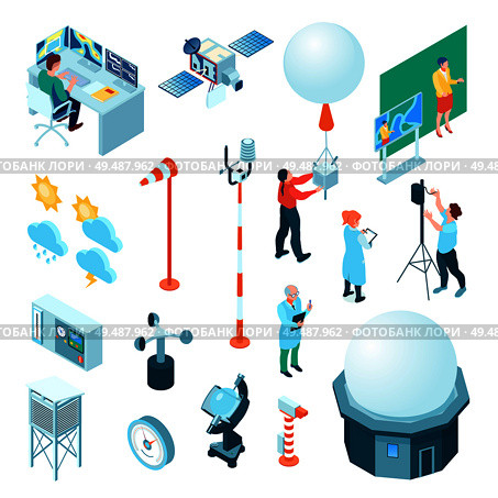 Meteorological center set of isometric icons with weather measuring equipment and forecasters isolated vector illustration. Стоковая иллюстрация, агентство Ingram Publishing / Фотобанк Лори