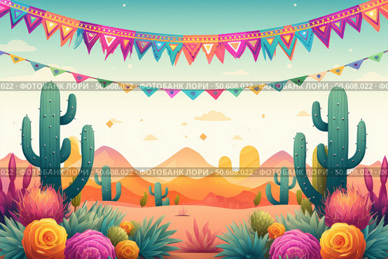 Mexican fiesta desert landscape with cacti, flowers, and bunting. Стоковое AI-изображение, AI-художник Иван Рябоконь / Фотобанк Лори