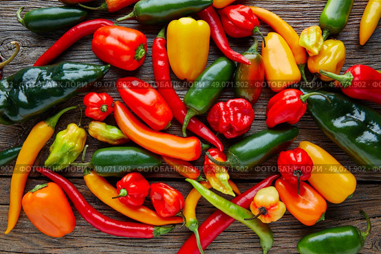 Mexican hot chili peppers colorful mix habanero poblano serrano jalapeno on wood. Стоковое фото, агентство Ingram Publishing / Фотобанк Лори