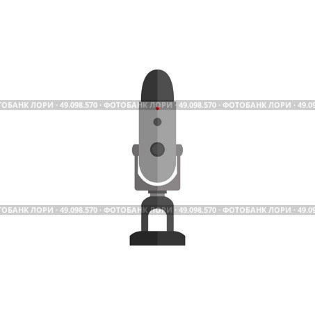 Microphone design flat isolated icon, vintage microphone stand, sound media, record vocal musical web broadcasting microphone vector illustration. Стоковая иллюстрация, агентство Ingram Publishing / Фотобанк Лори