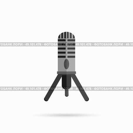 Microphone design flat isolated icon, vintage microphone stand, sound media, record vocal musical web broadcasting microphone vector illustration. Стоковая иллюстрация, агентство Ingram Publishing / Фотобанк Лори
