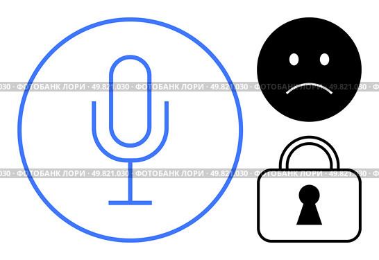 Microphone inside circle, sad face, and padlock with keyhole. Ideal for privacy, communication, data security, digital conversations, emotional expression confidentiality and online safety. Line. Microphone within a Circle, Sad Face, and Lock Representing Communication and Privacy Concerns. Стоковая иллюстрация, агентство Ingram Publishing / Фотобанк Лори