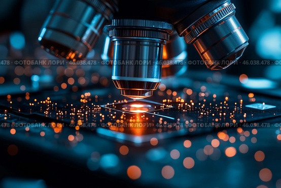 Microscope in laboratory. Science, chemistry, biology and medicine concept. Стоковое AI-изображение, AI-художник Katsiaryna Repich / Фотобанк Лори