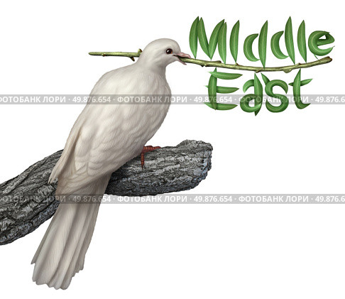 Middle East peace plan and diplomacy concept with a white dove holding an olive branch with the leaves in the shape of the word that includes persian gulf Iran Egypt Libya Kuwait Israel Syria Saudi Arabia searching for a negotiated solution. Стоковое фото, агентство Ingram Publishing / Фотобанк Лори