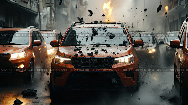Midnight Alarm: Urban Escape Amid Fiery Chaos, fleet of cars hastens along wet city street, scrambling away from explosive calamity that illuminates night. Стоковое AI-изображение, AI-художник Данила Большаков / Фотобанк Лори
