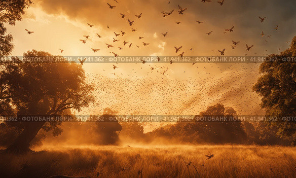Migratory locust swarm. Locusta migratoria. Acrididae. Oedipodinae. Agriculture and pest control. AI. Стоковое AI-изображение, AI-художник Sergey Grishin / Фотобанк Лори