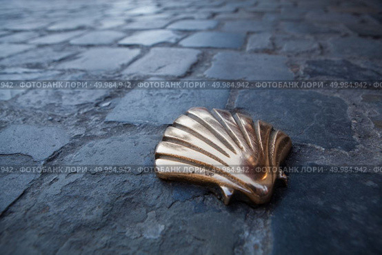 Milestone in shape of a shell inserted in the pavement natural light, brussels. St James shell in Brussels. Стоковое фото, агентство Ingram Publishing / Фотобанк Лори