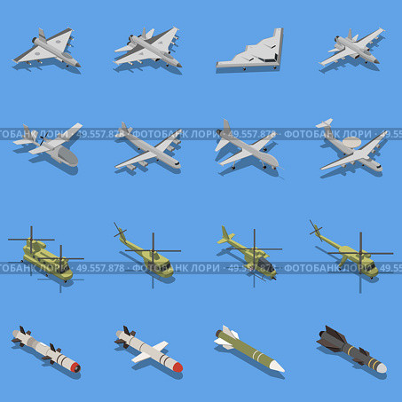 Military air forces isometric set with intercontinental ballistic missile stealth bomber fighter attack helicopter interceptor vector illustration. Стоковая иллюстрация, агентство Ingram Publishing / Фотобанк Лори