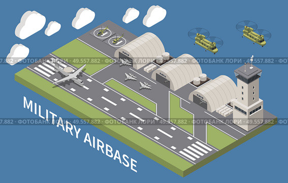 Military airbase airfield aerodrome facility with hangars traffic control tower landing aircraft flying helicopters isometric vector illustration. Стоковая иллюстрация, агентство Ingram Publishing / Фотобанк Лори