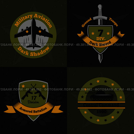 Military emblems color 2x2 design concept with flat colourful emblems of war service insignia with weapons vector illustration. Military Ensign Design Concept. Стоковая иллюстрация, агентство Ingram Publishing / Фотобанк Лори