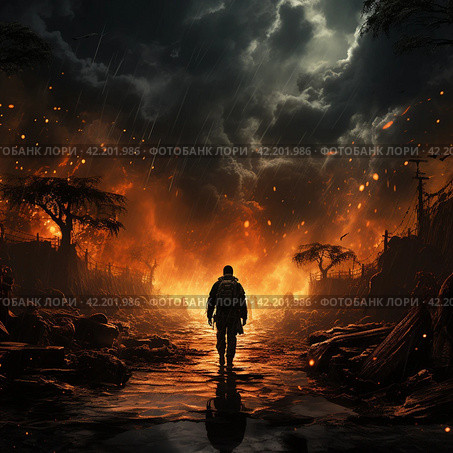Military man in front of a burning city,Generative AI. Стоковое AI-изображение, AI-художник Анна Кривицкая / Фотобанк Лори